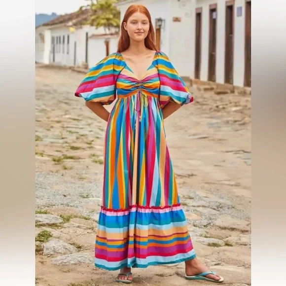 NWT $265 FARM RIO Striped Scarf Maxi Ruffled Dress Sz XS - Picture 11 of 11